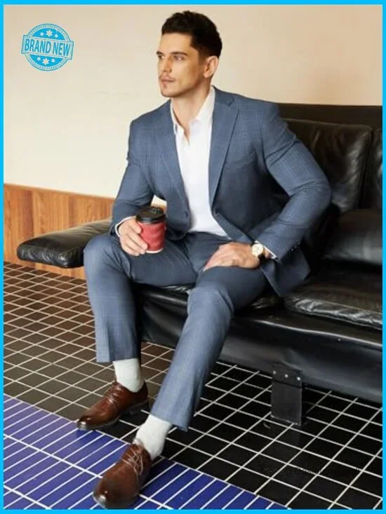 Slim Fit Plaid Suit Set Business Casual Blazer Pants Formal Wedding Office - Picture 3 of 7